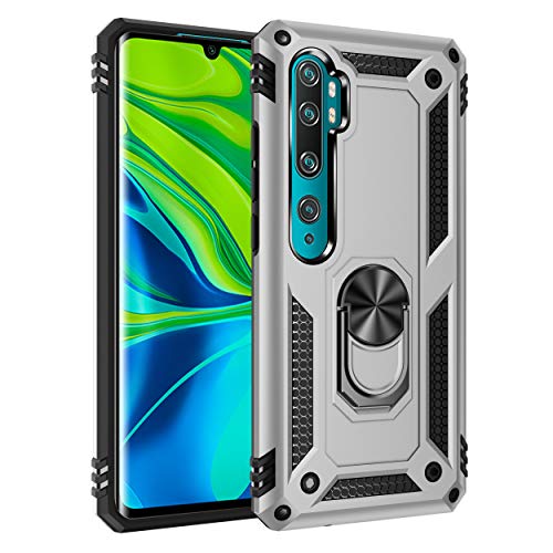 SORAKA Case for Xiaomi Mi Note 10 Lite with Ring Holder Armor Case Xiaomi Mi Note 10 Lite Case Soft TPU Bumper Hard PC Back Cover with Metal Plate for Magnetic Phone Car Mount Silver