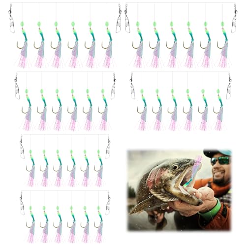 Mackerel Feathers Rigs with Luminous Beads, 6 Packs / 36 Hooks Pre Tied Sea Fishing Tackle Rigs Mackerel Lures Hooks Cod Herring Lure Hook Fishing Rigs Colorful Baits for Deep Sea & Night Fishing