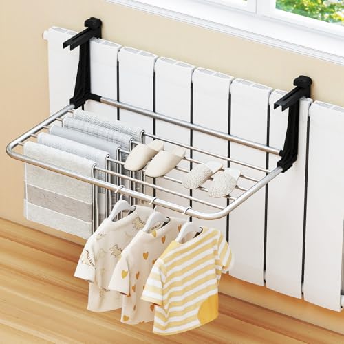 Image of Tangkula Portable Clothes Drying Rack, Extendable Radiator Clothes Airer with Robust Aluminum Frame for Balcony Railings Windowsill, Folding Towel Rack for Indoor & Outdoor Use (Small)