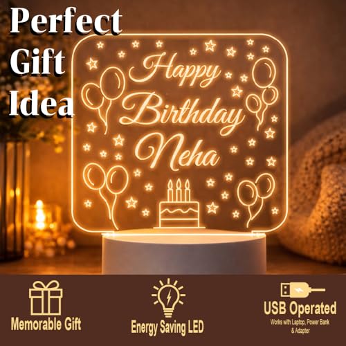 Image of Customized 3D Lamp for Birthday - Personalized LED Night Light with Names | Unique Gift for Husband, Wife Friends| Gifts Custom Decor for Happy Birthday Special (Everyone) (Happy Birthday Neha)