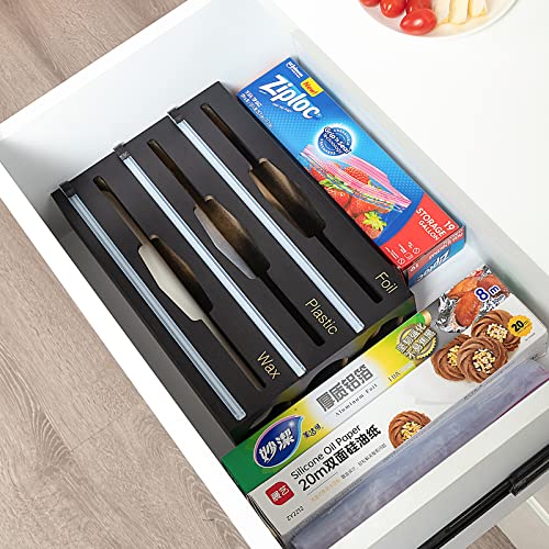 Foto von RELOHEILM Folie und Kunststofffolie, 3-in-1 Kunststoff-Folienspender mit Schneider, Aluminiumfolie-Organisation und Aufbewahrung, Kunststofffolie und Wachspapier-Schubladen-Organizer, schwarz