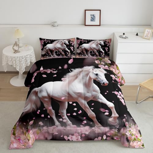 Feelyou Horse Comforter Set White Palomino Horse Decor Bedding Set for Kids Boys Girls Wild Animal Pattern Comforter Wildlife Style Quilt Set Bedroom Collection 3Pcs Queen Size