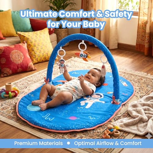 Image of Space Cubs Baby Play Gym & Activity Mat for Newborns | Tummy Time Play Mat with Hanging Sensory Toys, Mirror & Rattles Playgym for Infants