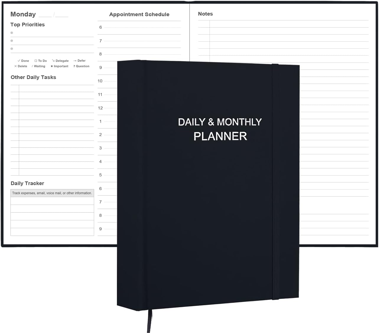 Daily & Monthly Planner for 2026 or Anytime - ADHD Planner Two Pages Per Day, Daily Planner Undated to Increase Focus, Eliminate Overwhelm, Achieve Your Biggest Goals, 8.5'' × 11'', Black 8.5'' x 11'' Black