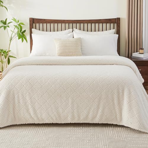 Image of EMME Fleece Blanket, 3D Jacquard Throw Blanket for Couch and Bed, Soft Cozy and Fluffy Blankets Lightweight Luxury Flannel with Waffle Design (Ivory, 60 inch x 80 inch)
