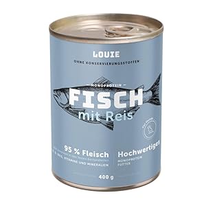 LOUIE Nourriture humide pour chien – Poisson et riz – 400 g – 100 % naturel – 95 % de poisson – Source naturelle de calcium – Sans conservateurs – Aliment complet riche en nutriments – UE