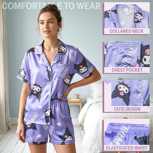 Image of Get Trend Hello Kitty | Kuromi | Pusheen Women's Pajama Sets, 2 Piece Button Up Shirt & PJ Shorts, Soft Kawaii Lounge Sets