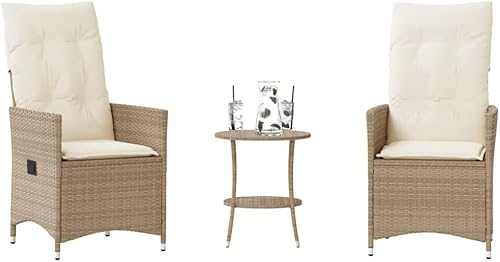 3 Piece Patio Bistro Set with Reclining Chairs PE Rattan Outdoor Furniture for Garden Balcony Backyard Modern Beige Table and Cushions for Small