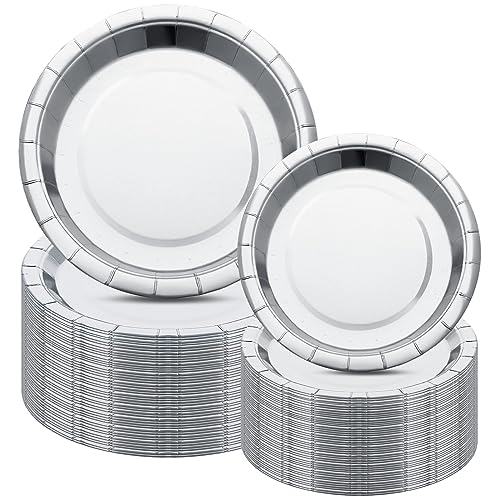 Colarr 120 Pack Metallic Silver Paper Plates 7 Inch and 9 Inch Disposable Plates for Party Dessert Halloween Christmas Thanksgiving Wedding Birthday Anniversary Bridal Supplies(Silver) Colarr 120 Pack Metallic Silver Paper Plates 7 Inch and 9 Inch Disposable Plates for Party Dessert Halloween Christmas Thanksgiving Wedding Birthday Anniversary Bridal Supplies(Silver)