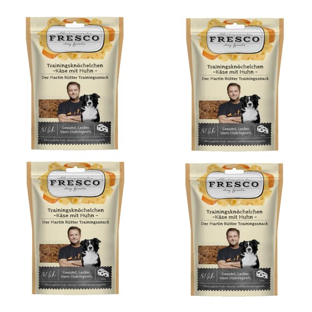 Fresco Trainingsknöchelchen Käse & Geflügel | 4er Pack | 4 x 150 g | Ergänzungsfuttermittel für Hunde | Natürlicher Proteinsnack aus Käse und Huhn | In Knöchelchen-Form