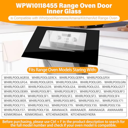 Image of WPW10118455 Outer Oven Door Glass Compatible With Whirlpool Stove Outer Glass W10118455 Whirlpool Oven Outer Glass Door Replacement Parts W10010680, W10075990, 1470262 Exterior Door Glass