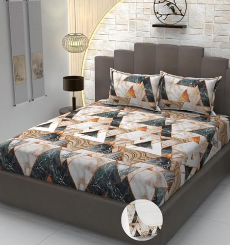 Image of 210TC Glace Cotton Soft Triangle Design Printed Fitted King Size 72x78x10 inches Bedsheet Set Lightweight & Durable All Season Comfort 1 Bed Sheet with 2 Pillowcase 17x27 inches Black