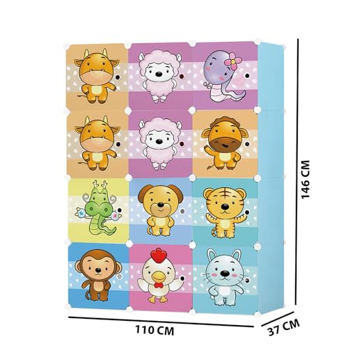 Image of AYSIS Almirah for Clothes,Plastic Soft Sheet Collapsible Wardrobe for Clothes for Kids Clothes /Toy /Book, Baby Cupboard for Clothes Storage in Bedroom Nursery,Cartoon (Zodiac Blue, 12-Shelf-12-Door)