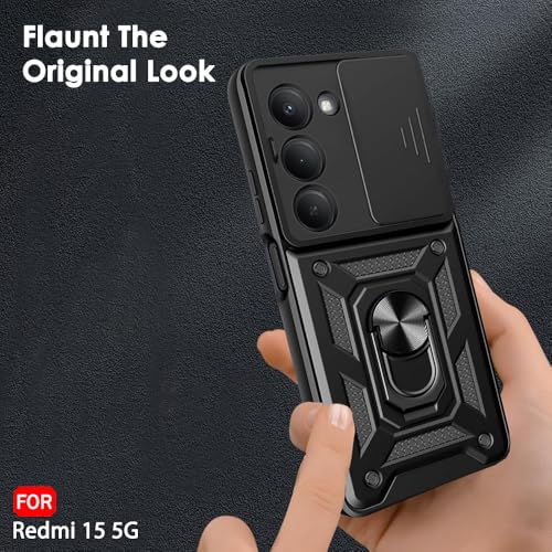 Image of TheGiftKart Tough Armor Bumper Back Cover Case for Mi Redmi 15 5G | Sliding Camera Cover, Kickstand & Ring Holder | 360 Degree Protection Back Cover Case for Redmi 15 5G (PC & TPU, Black)