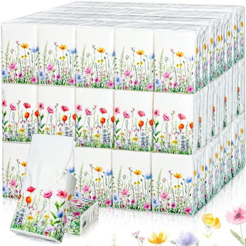 Image of Therwen 100 Pack Pocket Tissues Travel Bulk 1000 Sheet, Wildflowers