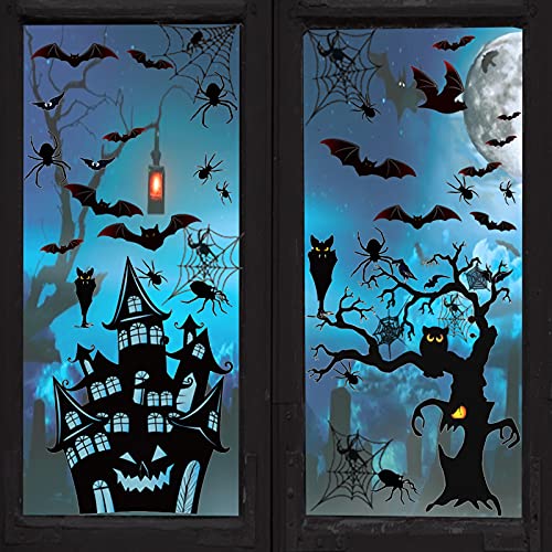 Fensterbilder Halloween Deko, Selbstklebend - Kinder Halloween Deko mit Spinne & Fledermaus Aufklebern, Abnehmbar für Party 8 Blätter