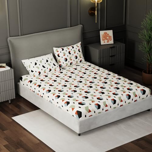 Image of BLISSHOME SoftTouch 150TC Cotton King Size Fitted Bedsheet with 2 Pillow Covers, Silky Smooth Bedding Set, Breathable, Easy Maintain, Geometric Pattern - Cream (183cm x 198cm + 25cm Drop)