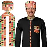 Hicarer 3 Pcs African Kente Pattern Costume Set with Button Shirt Kufi Hat Scarf Stole Sash Outfit for Black History Month