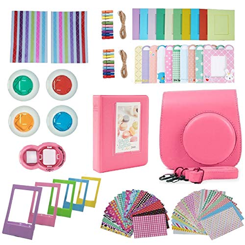 FollowSun 10 en 1 Cámara Accesorios para Fujifilm Instax Mini 9 8 8+: Caso/Album/Selfie Lente/Filtro de Color/Wall Cuelgue Marcos/Pegatinas de Frontera/Marco/Pegatinas de Esquina (Rosa Flamingo)