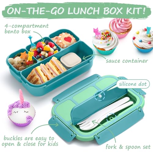 Image of QQKO Bento Box for Kids Adults, School Toddler Lunch Box for Boys Girls, Lunch Box Containers with 4 Compartments, Sauce Container, Utensils, Food Picks and Muffin Cups for School, Green