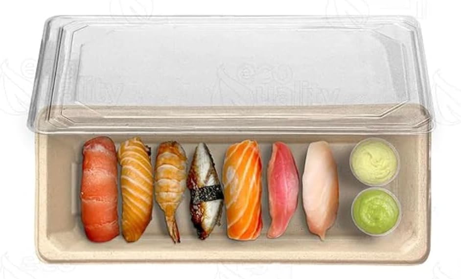 [400/pack] Small Compostable Sushi Trays with Lids - Natural Sugarcane Bagasse Take Out Sushi Container - Biodegradable, Disposable Sushi Plate with Lid, Eco, To go, Serving Tray