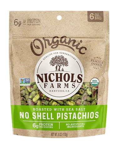 Image of Nichols Farms Roasted with Sea Salt No Shell Pistachios, Kosher, USDA Certified Organic, Non-GMO, 6 Oz (Pack of 3)