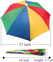 Vista 3 de Sombrero de paraguas para adultos y niños, protección contra la lluvia y el sol manos libres, diseño colorido de arco iris para pesca, senderismo