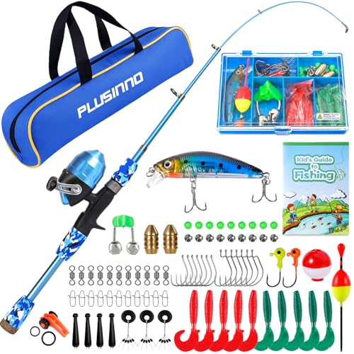 PLUSINNO Kids Fishing Pole with Spincast Reel Telescopic Fishing Rod Combo Full Kits for Boys, Girls, and Adults(Blue, 150CM 59.02In)