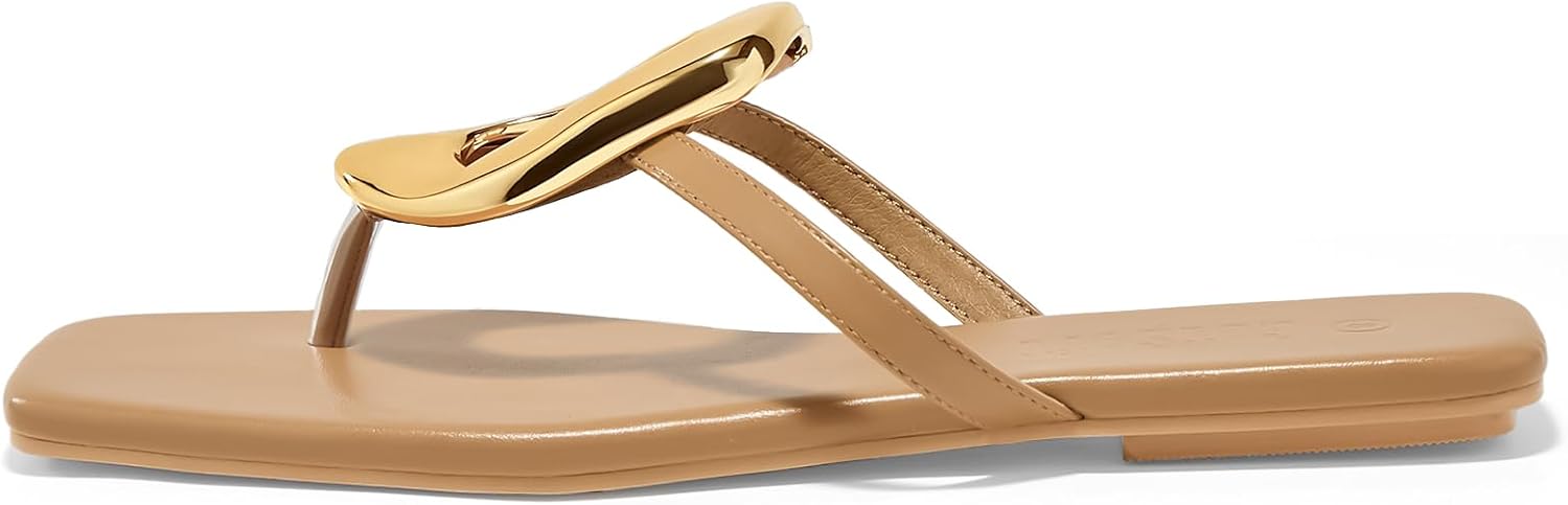 Women's Flat Sandals Summer Square Toe Flip Flops Comfortable Beach Flats Slip on Metal Decoration Slide Shoes