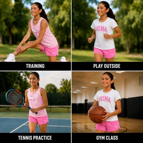 Image of PUMA Girls Active Shorts Set - 3 Piece Performance T-Shirt, Tank Top, Gym Shorts - Summer Athletic Outfit for Girls (7-14)