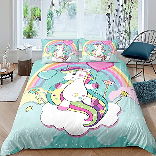 Juego de Cama Niña Súper Lindo de Dibujos Animados de Unicornio Funda nórdica Cremallera, Funda de Almohada (Estilo 3,Cama 135-220x220)