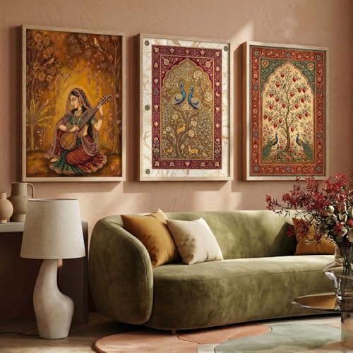 Image of kotart Decorative Traditional Wall Art Home Decor Madhubani Painting poster With Frame For Living Room Bed Room Hotel Wall Decor Digital Reprint Set of 3 (10X13 INCH)