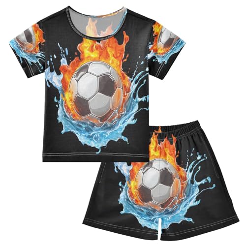 ALAZA Soccer Football Water and Fire Black Pajamas Set Short Sleeve Cotton Sleepwear Summer Pjs 2 Piece 5-14Y