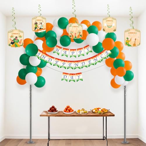 Image of Party Propz Happy Independence Day Decoration Items - 56 Pcs, 2 in 1 Happy Independence Day Banner & Republic Day Reversible Banner, Swirl Hanging, Tricolour Balloons (Latex, Cardstock)