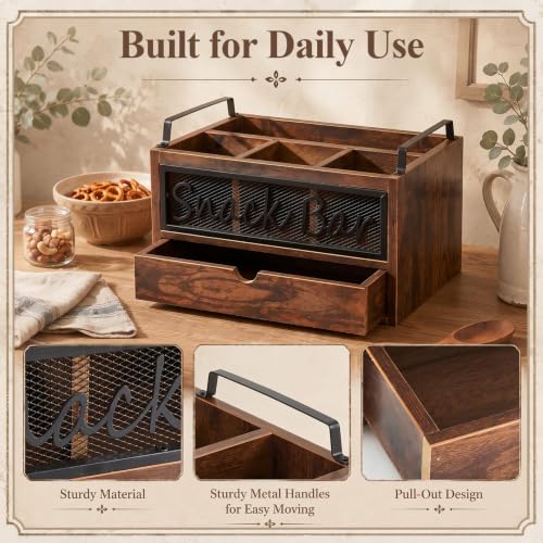 Yiyiring Wood Snack Bar Organizer Countertop with Drawer and Handles 4-compartment Vintage Wooden Snack Storage Box for Kitchen Office Chips Candy Bars by Yiyiring - Used condition - Image 4
