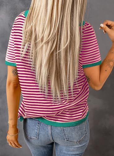 Image of Dokotoo Womens Tops 2026 Casual Summer Crewneck Short Sleeve Striped Color Block Knit High Low Trendy Pullover Sweaters