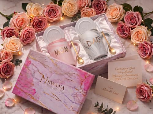 Image of NYRWANA Coffee Mug, Wedding Present for Couples, Couple Present, Mom & Dad Set of 2 Coffee Mugs, Lids, Ceramic Spoons, Coasters, Best Wishes Card & Beautiful Carry Bag (380ml-Ceramic)