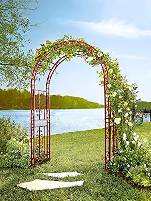 Plow & Hearth Arch Metal Outdoor Garden Arbor | Montebello | 84-in (H) x 53-in (W) x 23-in (D) | White | Iron Trellis Lattice for Climbing Plants | Wedding | Outdoor Patio Décor (Red)