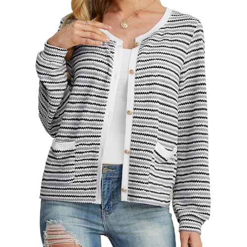 Image of Women Striped Cardigan Button Cardigan Sweaters Dressy Casual Lightweight Jacket with Patch Pockets for Women