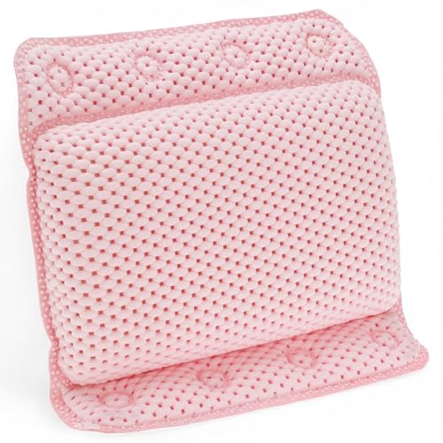 MIJOMA Badewannenkissen – Weiches Nackenkissen für die Badewanne mit 8 Saugnäpfen – Komfortable Nackenstütze – Schnelltrocknend & rutschfest – HBT: 29x30x5,5 cm (Rosa)