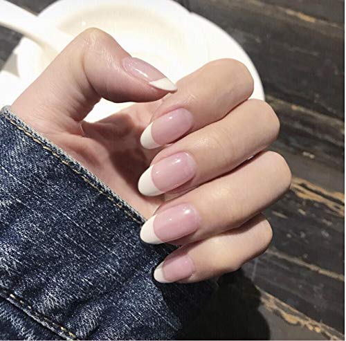 Cathercing 24 Pcs French False Nails Short Smooth Nails Full Cover Beauty Nails Fake Round Head Gel Tips Art Nail Stickers for Women Girls Gift on Halloween Party(line pink oval)