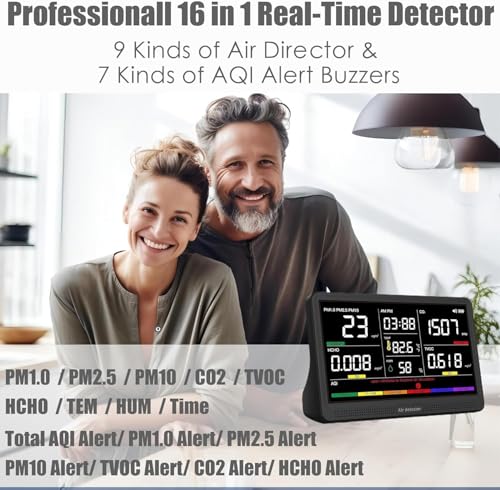 Image of Professional Indoor Air Quality Monitor with 7X AQI Beep Alarms,16 in 1 Portable Real-Time Detector for PM2.5 | PM10 | CO2 | TVOC | HCHO | Temp | Hum for Home Cars Plants Pets (Smoke Black)