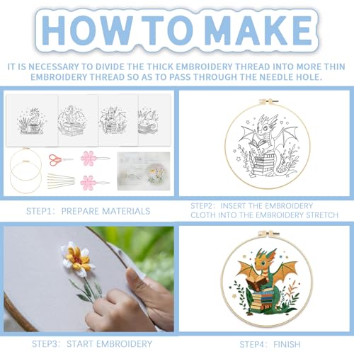 Image of FREEBLOSS 4 Set Book Embroidery Kit with Stamped Cartoon Dragon and Book Pattern Embroidery Kit for Beginners Instructions Included Cross Stitch Kit Embroidery Starter Kit for Adults 20cm