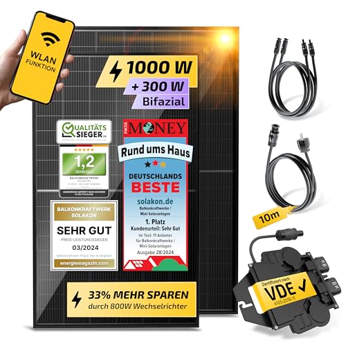 Solakon® 1000W Balkonkraftwerk - Balkonkraftwerk 800W komplett Steckdose - neuester 800 Watt Wechselrichter - Solaranlage Komplettset - 500W bifaziale Solarmodule inkl. Zubehör - 10m Kabel