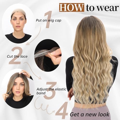 DKDDSSS Long Ombre Blonde Wig for Women, 25 Inch Natural Wavy Daily Hair, Long Wavy Ombre Brown to Blonde Wigs for Women Synthetic Hair Heat Resistant Ombre Wig for Daily Party Cosplay Use - Image 4
