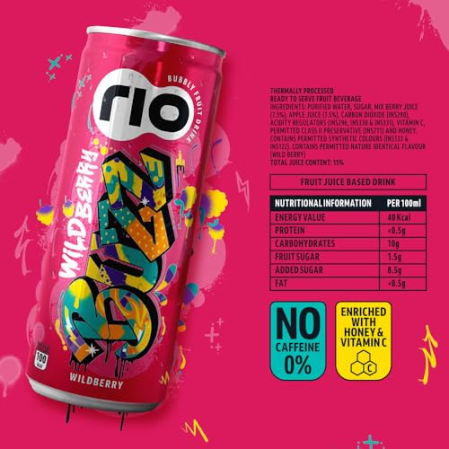 Image of Rio Wild Berry Bubbly Fruit Drink Can | Soft Drink | Exotic Fruit Juice + Fizz | Rich In Vitamin C and Honey | Pack of 24 | 250 ml