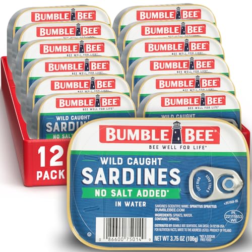 Bumble Bee Sardines in Water with No Salt Added, 3.75 oz Tin (Pack of 12) - Wild Caught, Gluten Free, Keto, Kosher, Clean Ingredients