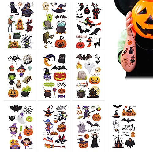 Tatouage Ephemere Enfant,Tatouages Enfant,Tatouages ​​éphémères Imperméables pour Filles et Garçons,Autocollant de Tatouage de Toile D'araignée de Sorcière de Citrouille D'Halloween Cover
