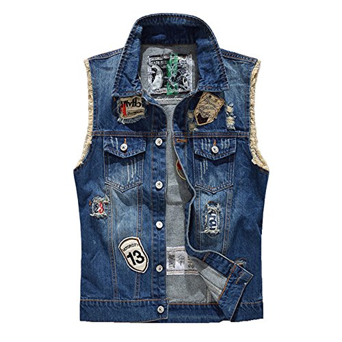 Men's Denim Vest Sleeveless Jacket Patch Designs Ripped Jeans Waistcoat