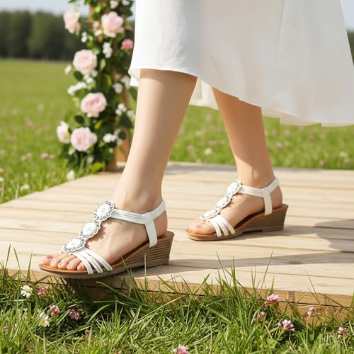 Image of HARENCE Wedge Sandals for Women Dressy: Comfortable Elastic Ankle Strap Low Heel Open Toe Flower Summer Shoes